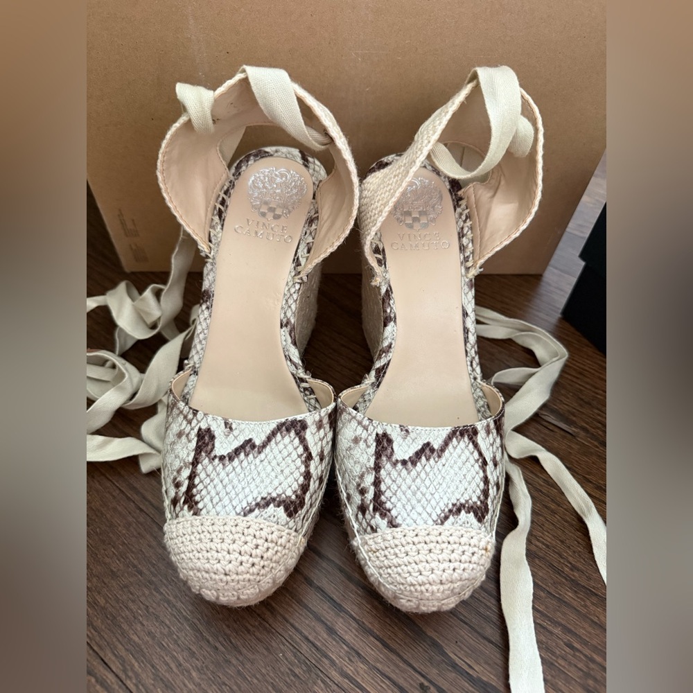 Vince Camuto Snakeskin Pattern Wedges in Cream and Brown